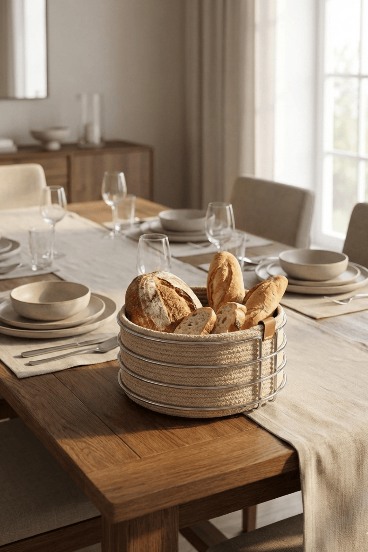 Silver Yuvarlak Ekmek Sepeti Şık,Ekmeklik Bej Ton Hasır Örmeli Makrome-Çok Amaçlı Metal Paslanmaz