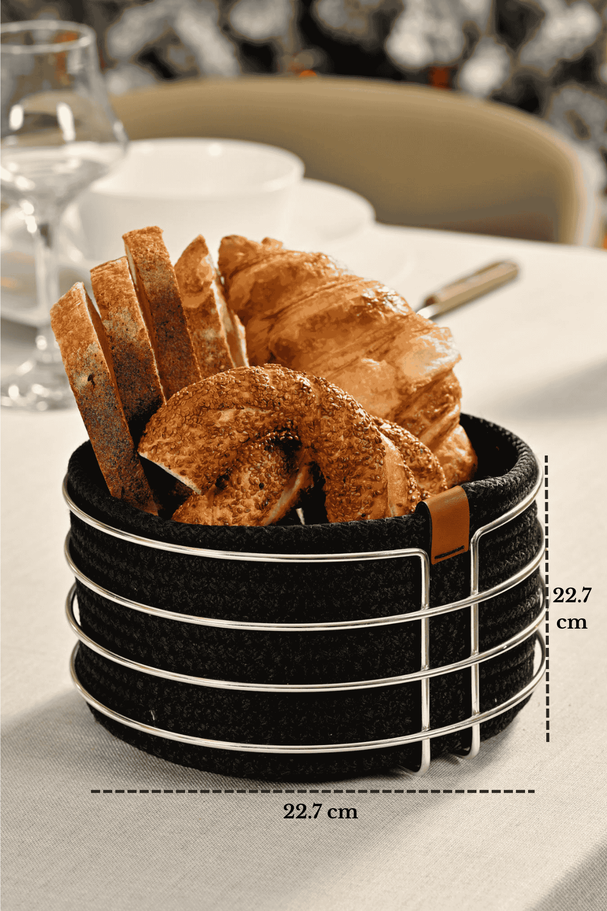 Shiny Silver Round Bread Basket Bread Bin Serving Basket Macrame Multipurpose Stainless Metal