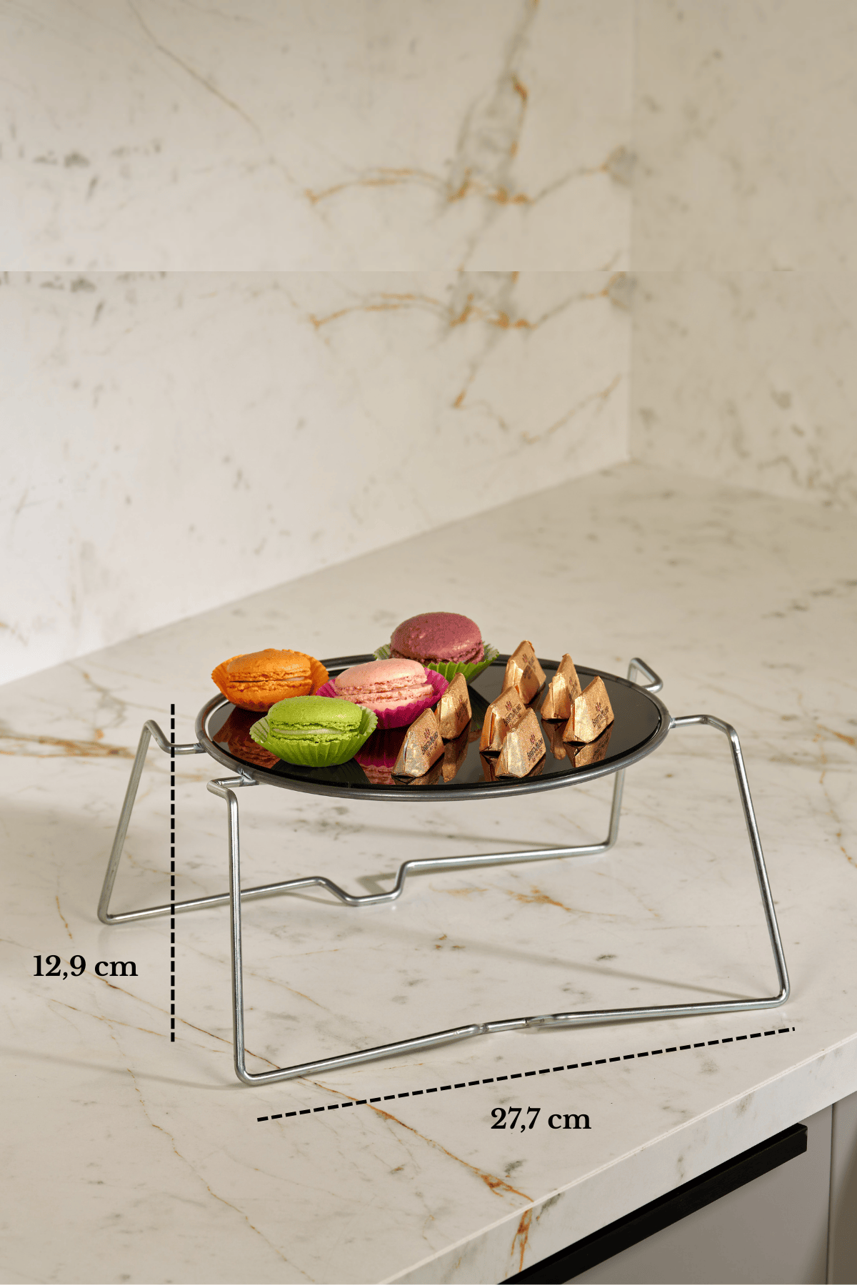 Shiny Silver Round Serving Tray Treat Cake Serving Stand with Metal Legs and Black Plexiglass