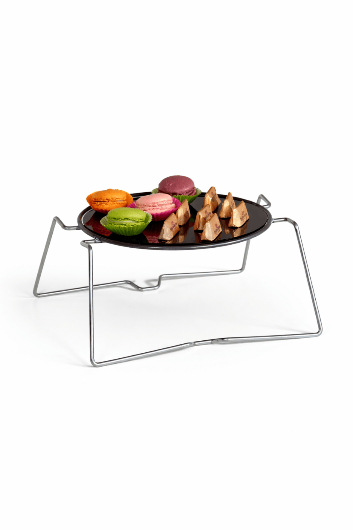 Shiny Silver Round Serving Tray Treat Cake Serving Stand with Metal Legs and Black Plexiglass