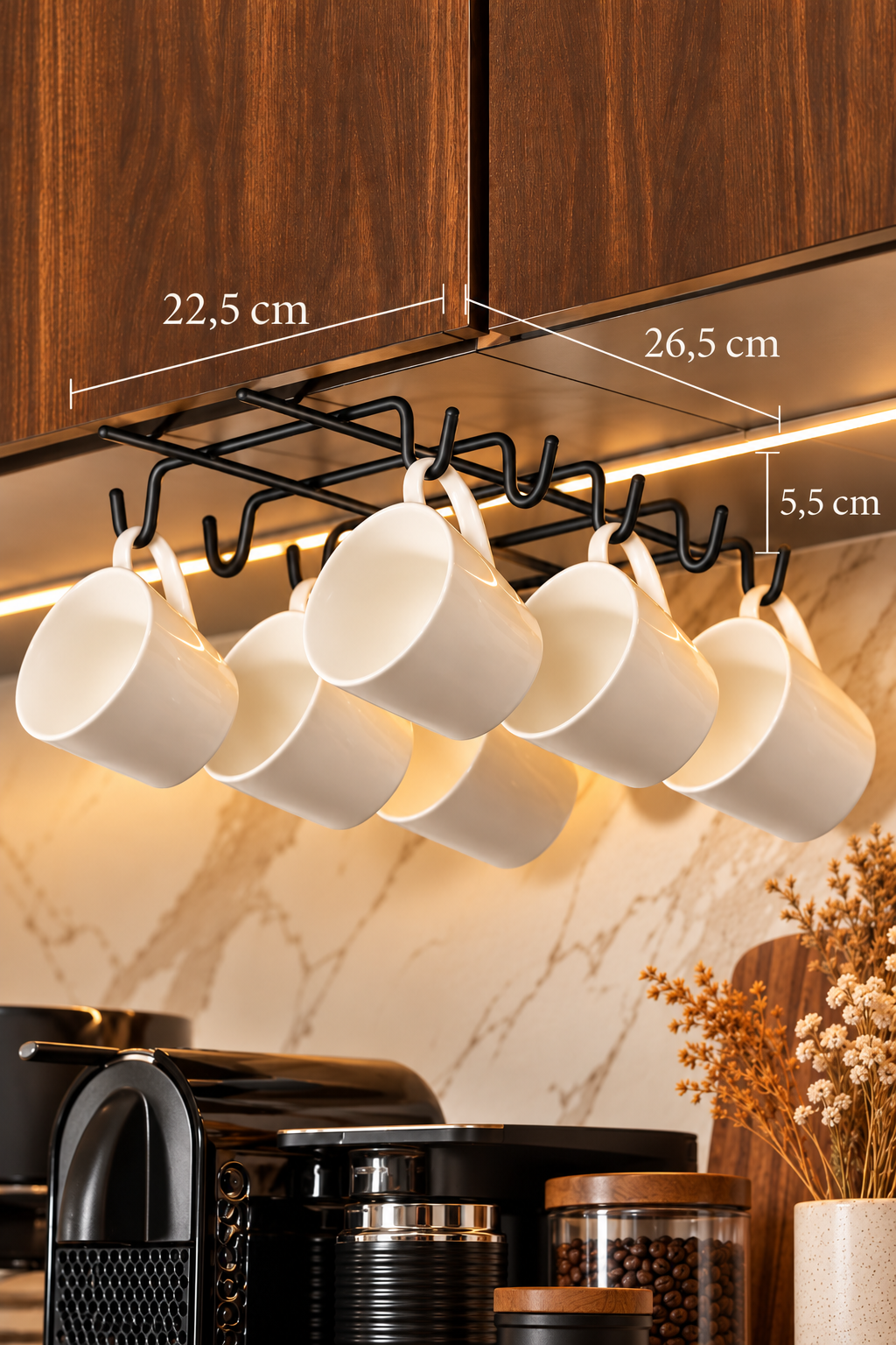 Black 10-Hook Mug Holder Under Cabinet Cup Organizer Stainless Metal