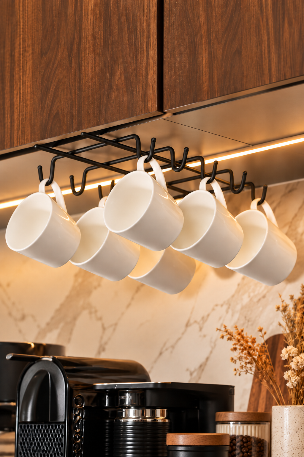 Black 10-Hook Mug Holder Under Cabinet Cup Organizer Stainless Metal