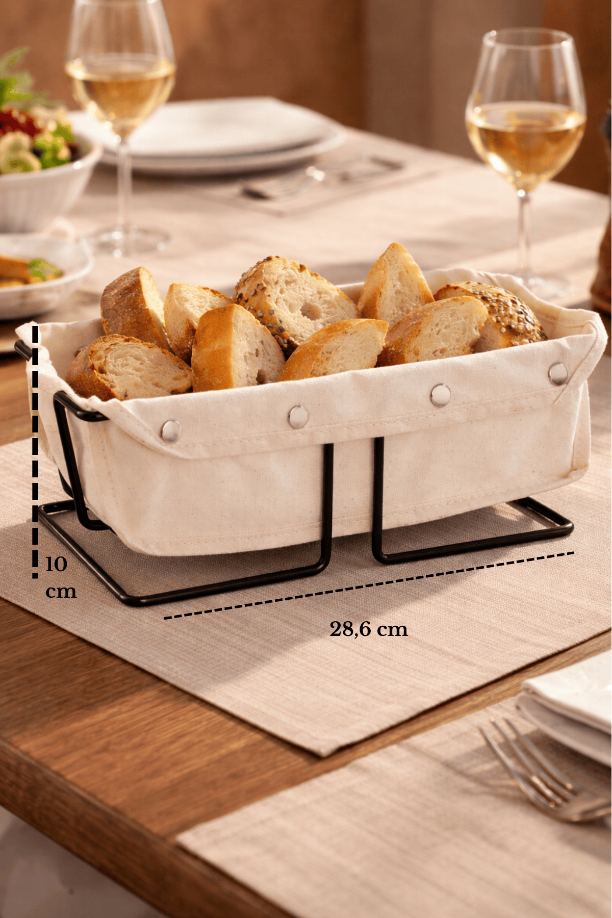 Black Rectangular Bread Basket Bread Bin Serving Basket Multi-Purpose Stainless Metal with Canvas Fabric