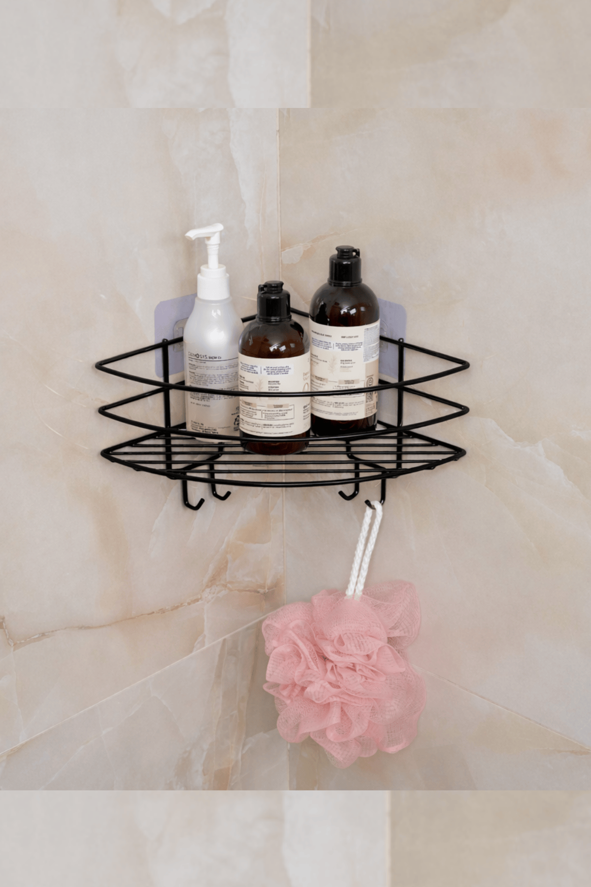 Siyah Lüx Köşe Raf Organizer – Yapışkanlı Paslanmaz Metal Banyo Duş Şampuanlık, Çok Amaçlı Raf