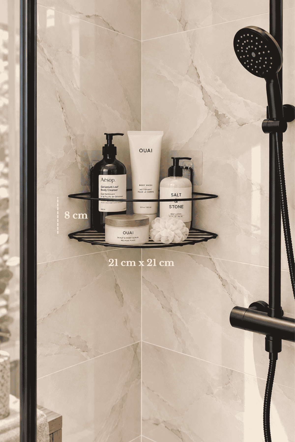 Siyah Metal Banyo Köşe Rafı Duş İçi Şampuanlık Düzenleyici Organizer 21x21 cm, Yapışkan Hediyeli