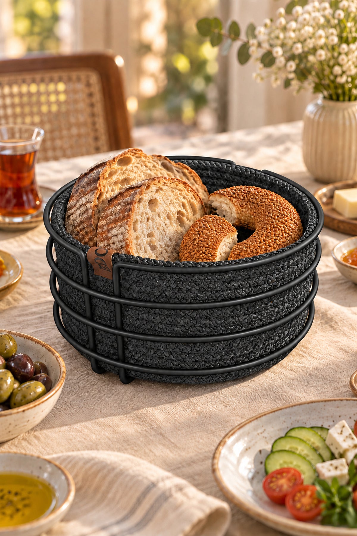 Siyah Yuvarlak Ekmek Sepeti, Ekmeklik Sunum Sepeti, Antrasit Gri Makrome Çok Amaçlı Paslanmaz Metal