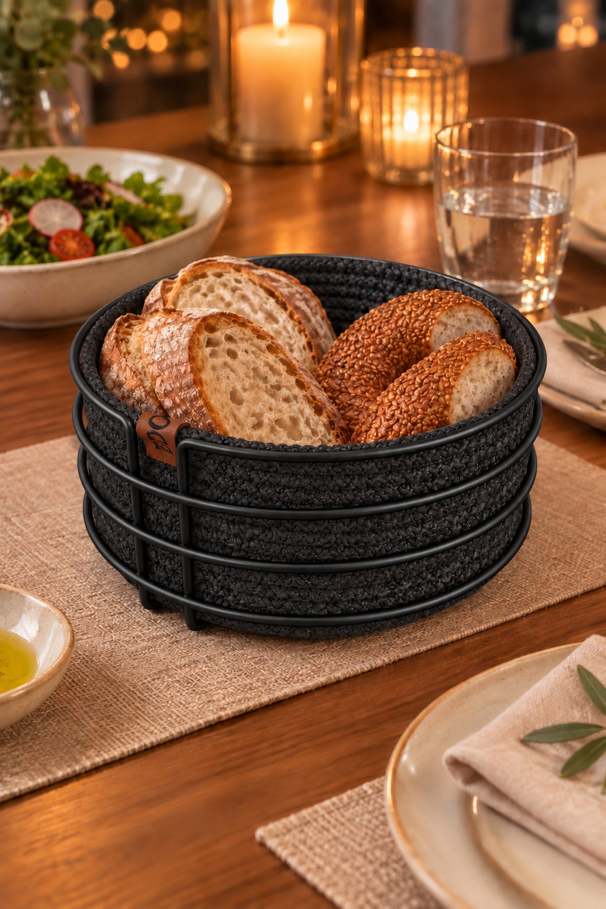 Siyah Yuvarlak Ekmek Sepeti, Ekmeklik Sunum Sepeti, Antrasit Gri Makrome Çok Amaçlı Paslanmaz Metal