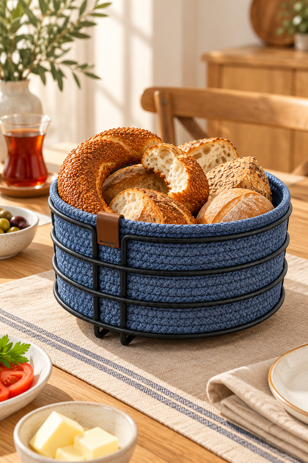Siyah Yuvarlak Ekmek Sepeti, Ekmeklik Sunum Sepeti, Turkuaz Makrome Çok Amaçlı Paslanmaz Metal