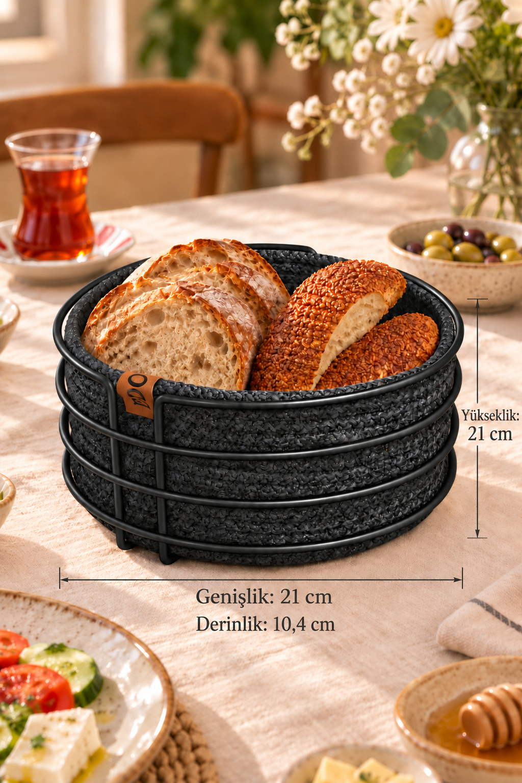 Siyah Yuvarlak Metal Ekmek Sepeti, Antrasit Gri Makromeli, Ekmeklik ve Kahvaltı Sunum Sepeti