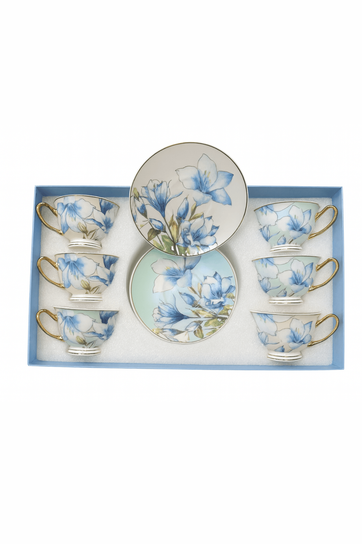 Türk Kahve Fincanı Vintage Esintili Çift Renkli Mavi Çiçek Şık Desenli 6 Kişilik 12 Parça