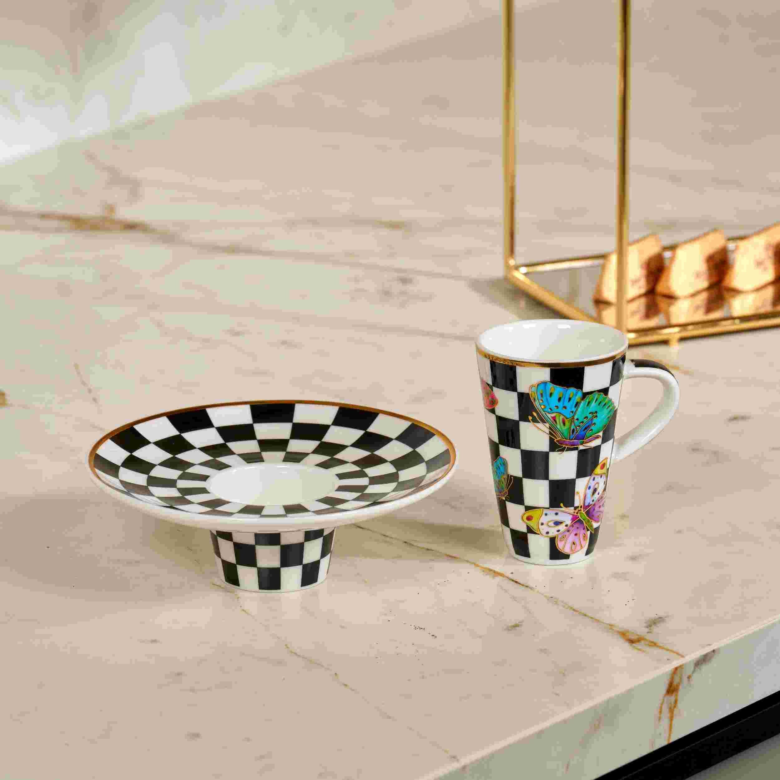 Turkish Coffee Cup Set Interlocking Checkered Butterfly Detail Matte Gold Rim 2-Person 4-Piece