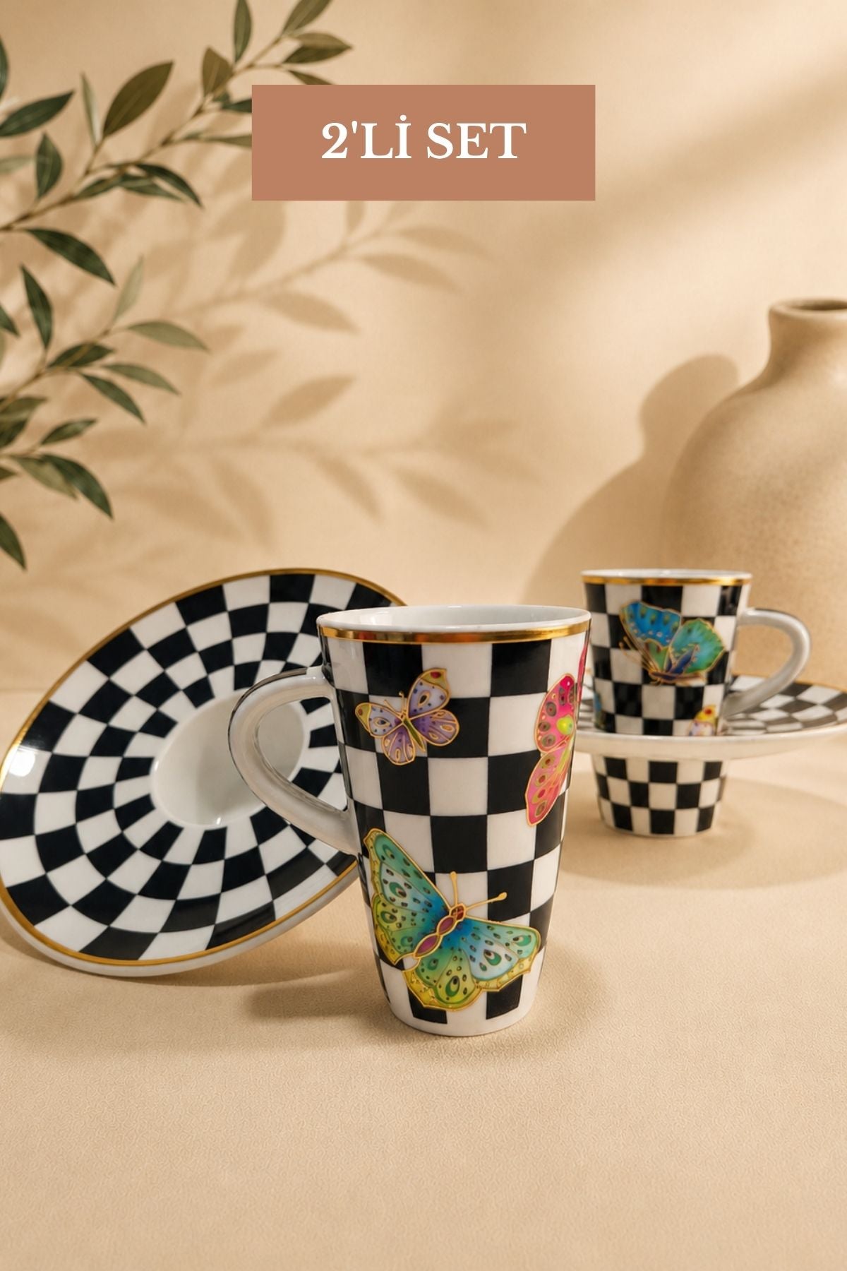 Turkish Coffee Cup Set Interlocking Checkered Butterfly Detail Matte Gold Rim 2-Person 4-Piece