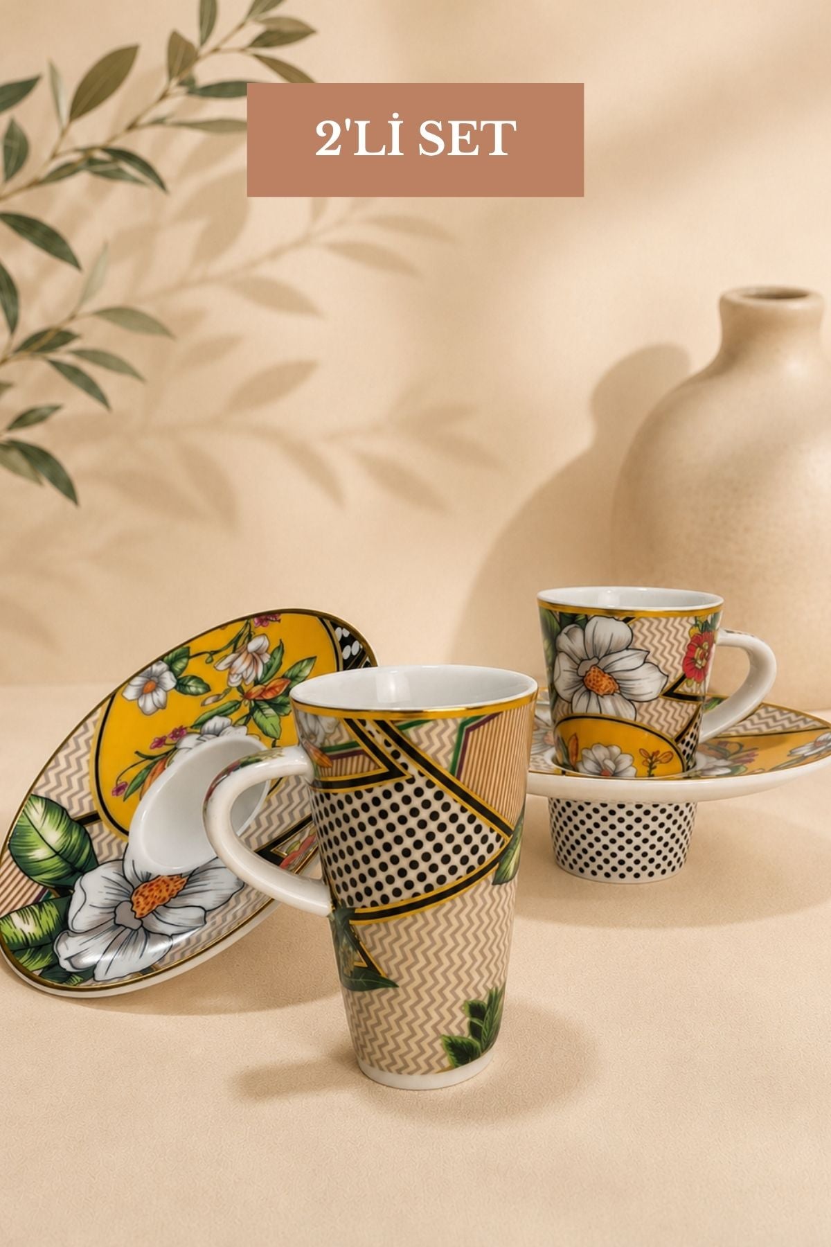 Türk Kahvesi Fincan Takımı İçe Geçmeli Vintage Floral 2 Kişilik 4 Parça Fincan Ve Tabak