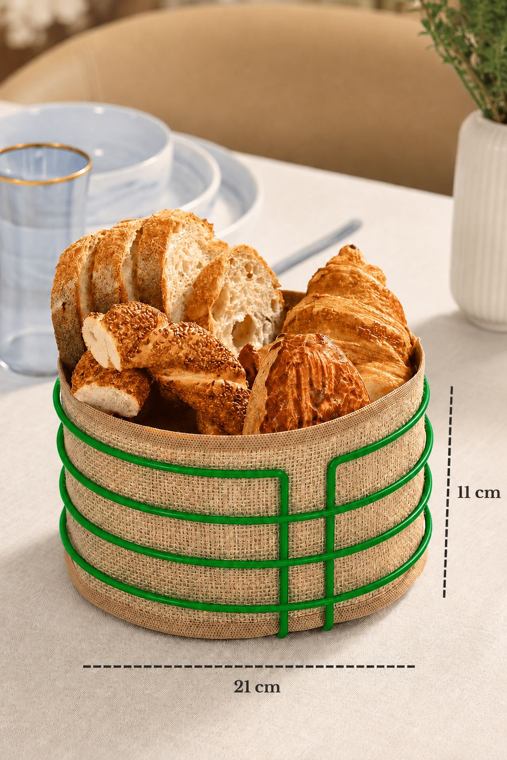 Green Round Bread Basket Bread Presentation Basket Jute Fabric Multi-Purpose Stainless Metal