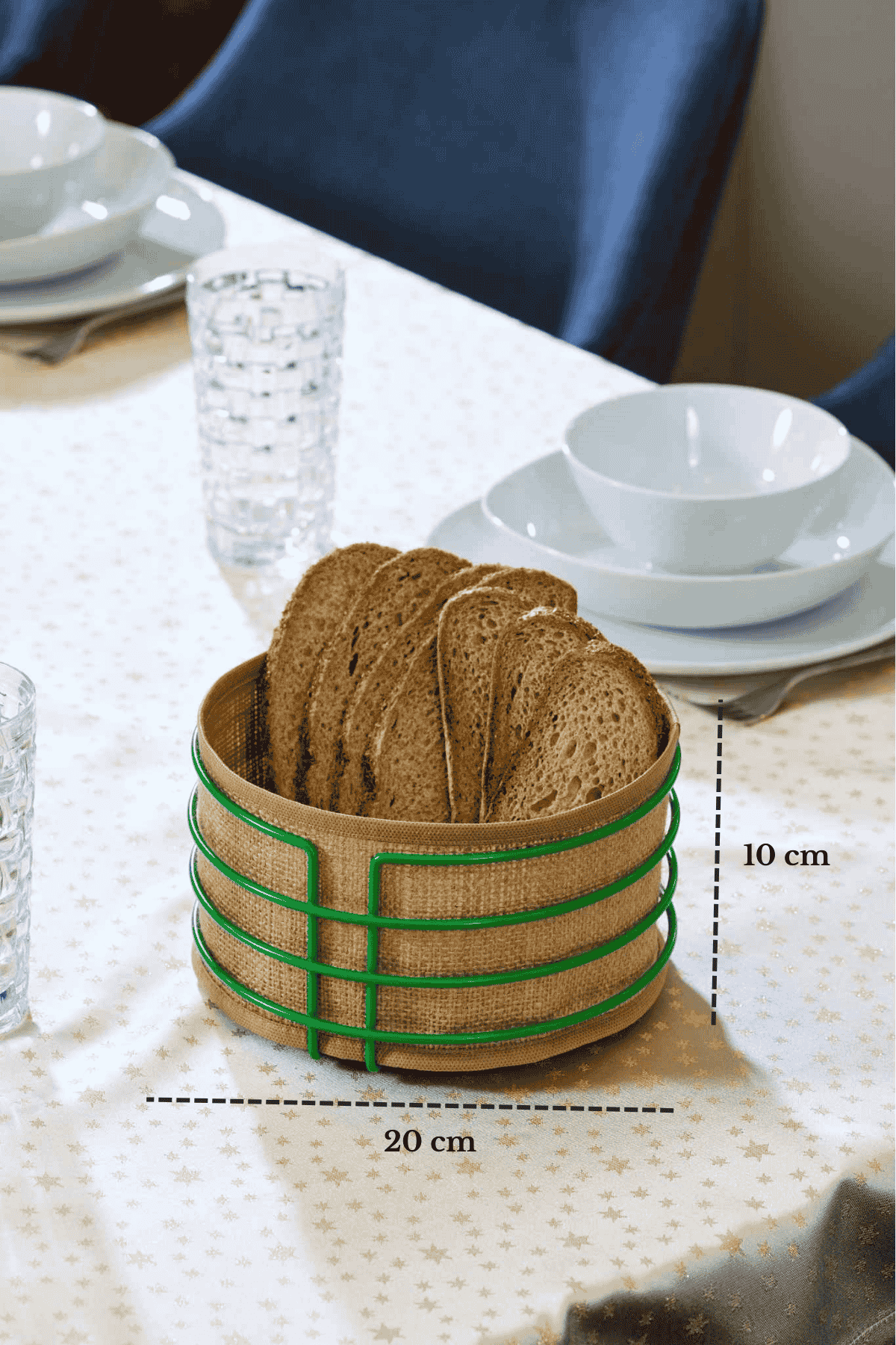 Green Round Bread Basket Bread Presentation Basket Jute Fabric Multi-Purpose Stainless Metal