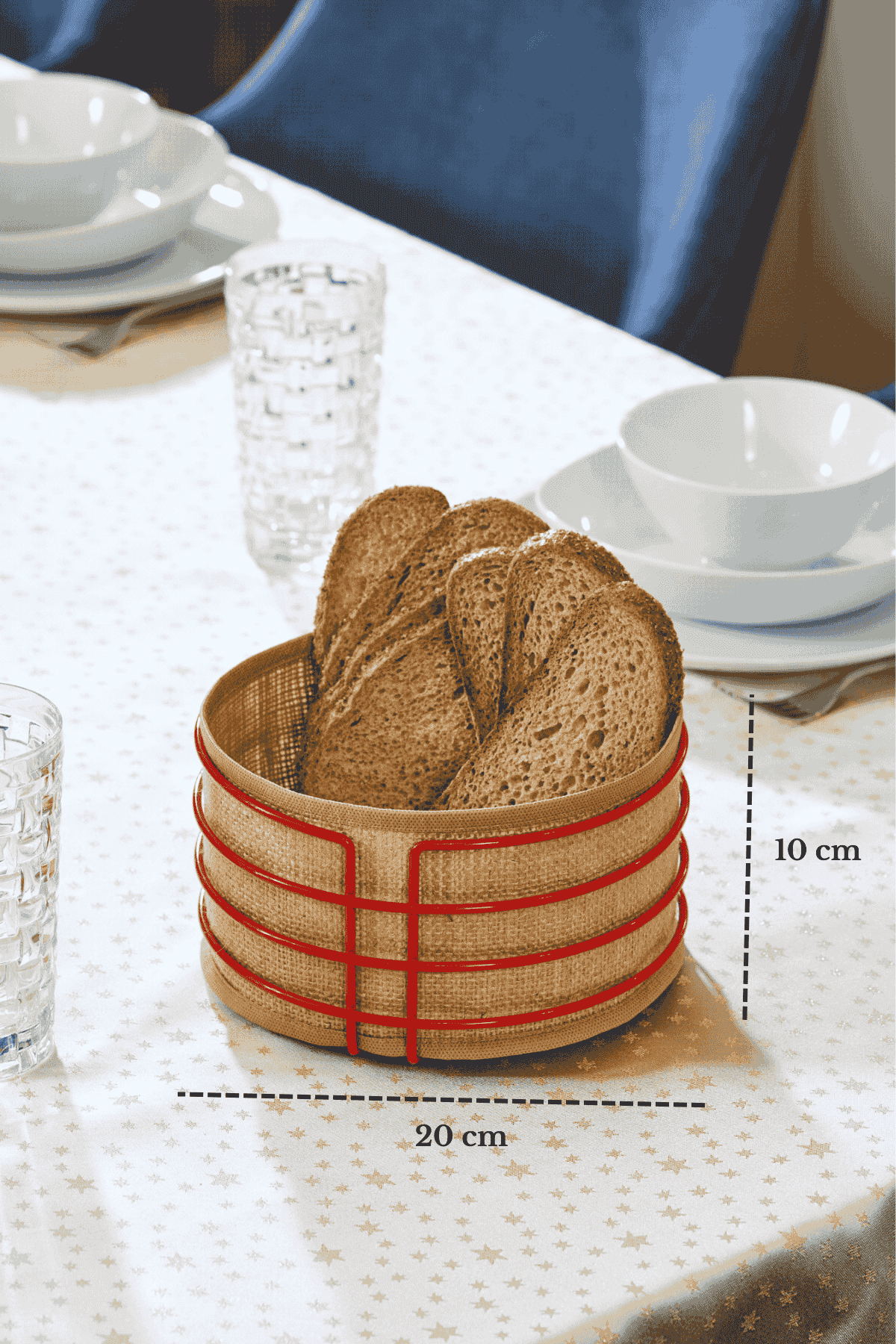 New Year Red Round Bread Basket Bread Bin Serving Basket Jute Fabric Multi-Purpose Stainless Metal