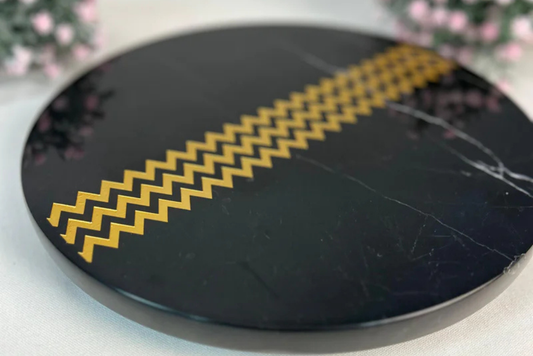 Zigzag Desen El Yapımı Siyah Mermer Sunum & Dekoratif Tabak
